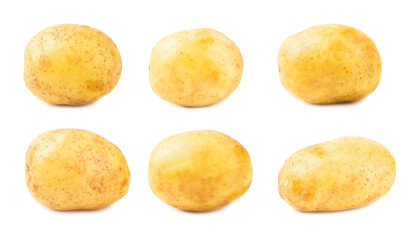 Young potatoes. Raw potatoes isolated on white background.Peel potatoes.Harvesting collection. organic, freshly dug potatoes. Agricultural background. Vegan. Vegetables.Potato slices.