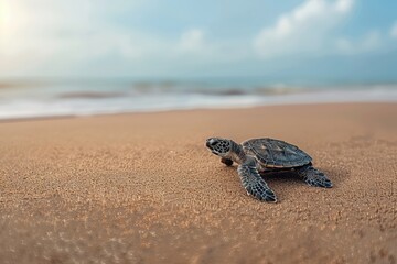 Baby Sea Turtle Makes Its Way to the Ocean on a Sandy Beach at Sunset