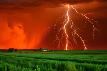 Stunning Lightning Storm Over Countryside During Fiery Sunset