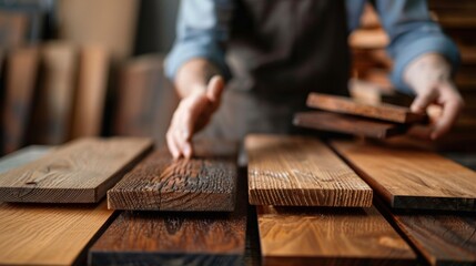 Craftsman arranging wooden planks in workshop. Hands inspecting quality and texture of wood. Focus on materials and craftsmanship.