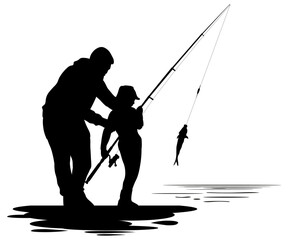 Family silhouettes. Father teaches son fishing. Vector illustration	
