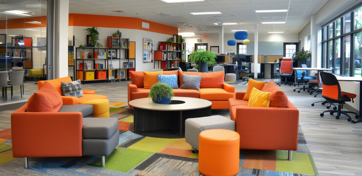 Contemporary school library with colorful furniture, study areas, and shelves, creating an inviting and productive learning environment.
