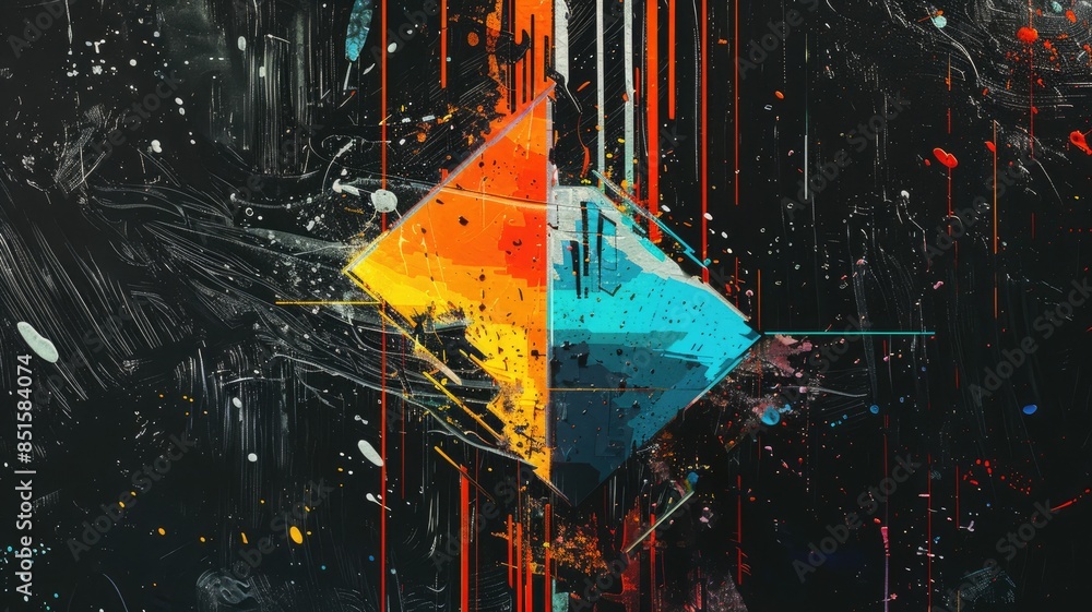 Poster abstract colorful digital painting with geometric shapes and splashes on a dark background. digital 