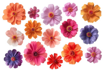 Vivid paper zinnias, decorative floral design element, clip art set, isolated on transparent background