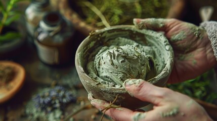 Obraz premium Hands crafting natural clay pottery with earth materials in a rustic setting, showcasing raw texture and organic creativity.
