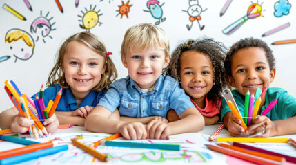 Happy group of diverse children drawing with colorful pencils, fostering creativity and friendship in a fun, educational setting.