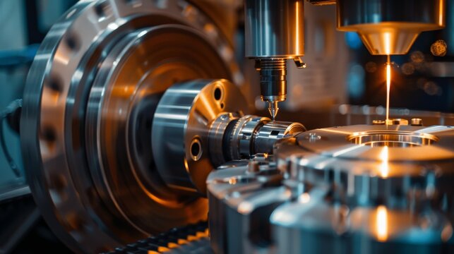 High-precision CNC machine operating in an industrial manufacturing setting. Metalwork with detailed engineering and machining process.