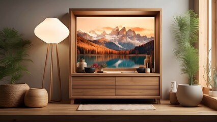 Mockup poster frame design, minimalist wooden cabinet cozy warmth wall art mockup interior design, light brown color theme home decor wood