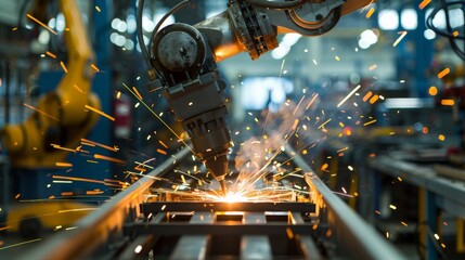 Fototapeta premium Industrial robotic arm welding metal in a factory setting with sparks flying, representing advanced manufacturing technology and automation.