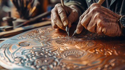 Master craftsman meticulously etching intricate designs into a copper plate in a workshop, showcasing delicate artisan work.