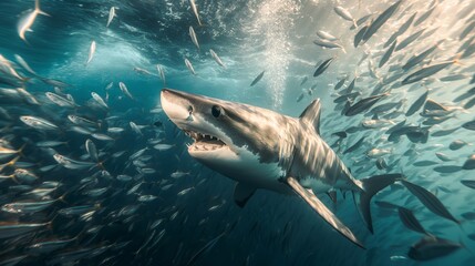 Fototapeta premium Great white shark swimming in a school of fish underwater