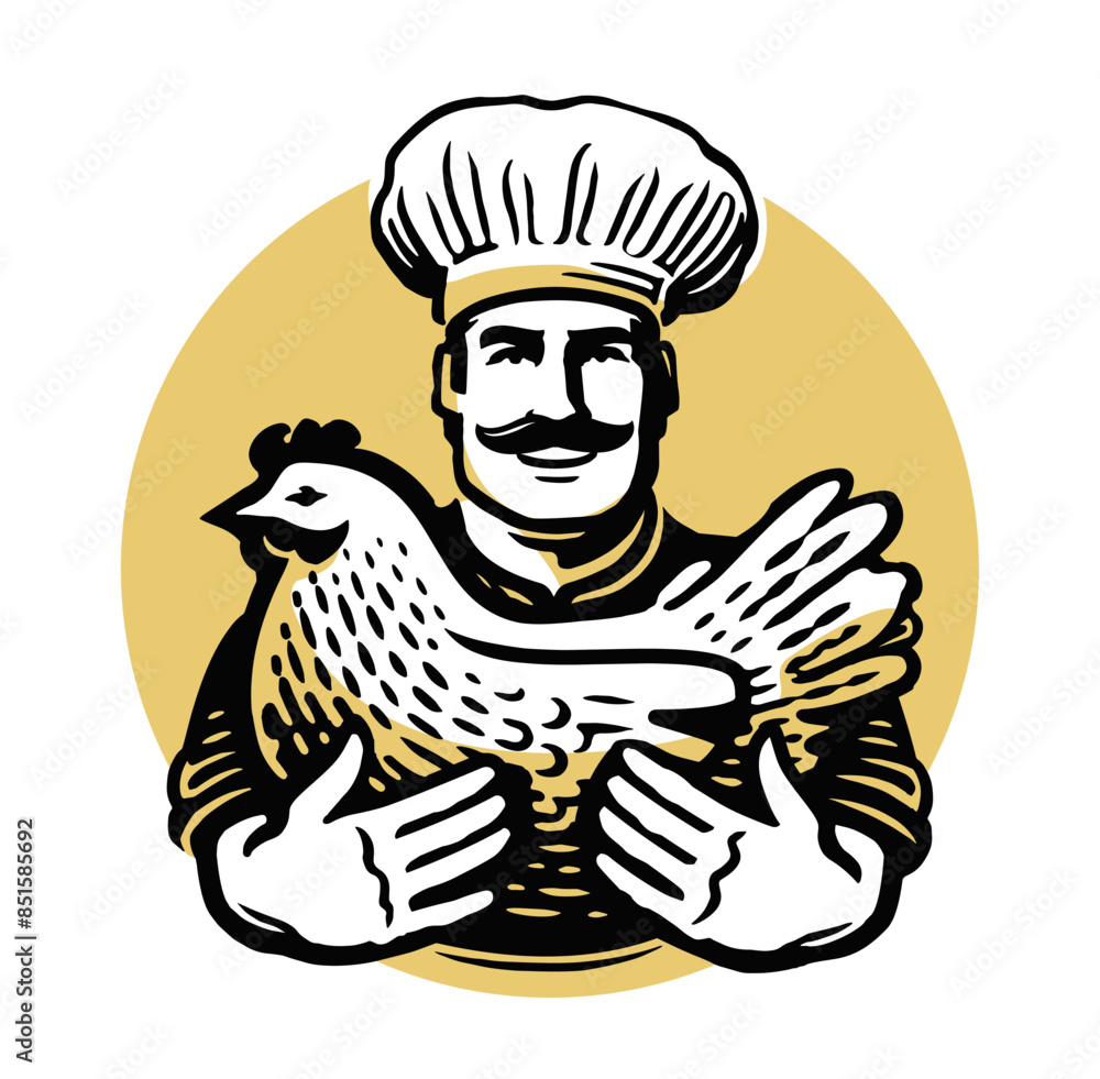 Sticker Happy chef in hat holding live chicken. Cooking emblem or logo. Vector illustration