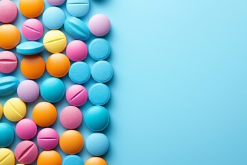Colorful assorted medicine pills on a blue background