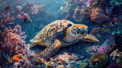 Fototapeta premium Majestic turtle surrounded by colorful marine life, AI generative