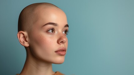 Bald young woman looking thoughtful against blue background