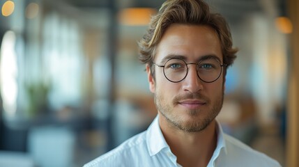 Fototapeta premium Confident young professional man wearing glasses in a modern office