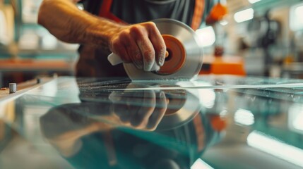 Skilled craftsman polishing glass surface in workshop. Precision and craftsmanship in glasswork. Close-up of hands working with glass tools.