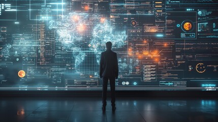 Businessman analyzing global data on futuristic digital screen