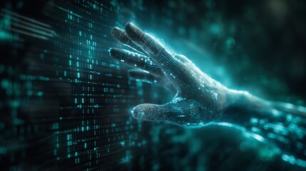 Futuristic hand reaching through digital matrix light interface