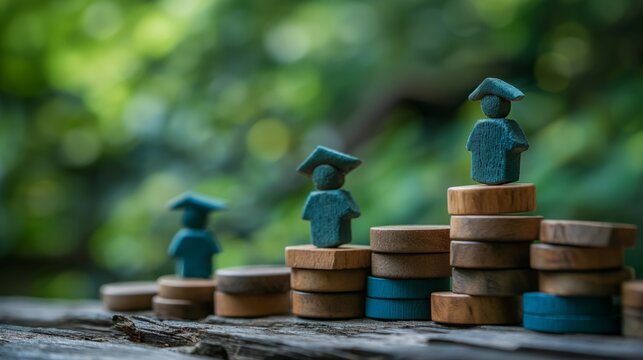 Graduation figures representing success and growth on stacked coins