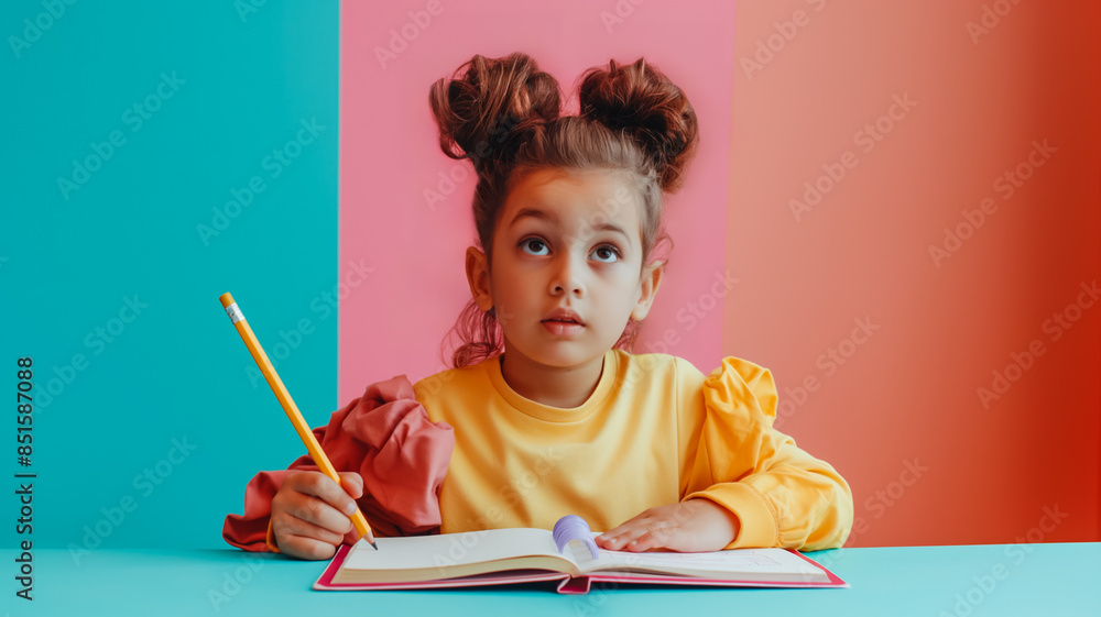 Poster child sitting at desk with open notebook and pencil isolated on a gradient background