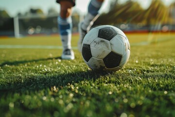 Fototapeta premium Closeup of a Soccer Ball on a Green Grass Field with a Player's Leg Blurred in the Background
