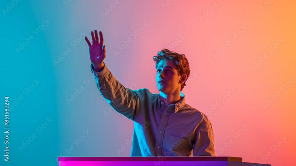 Poster student raising hand eagerly in classroom during interactive lesson isolated on a gradient backgroun