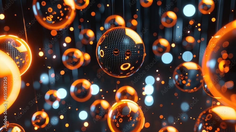 Poster floating orange and black bubbles on a dark background. abstract digital art of orange bubble or sph