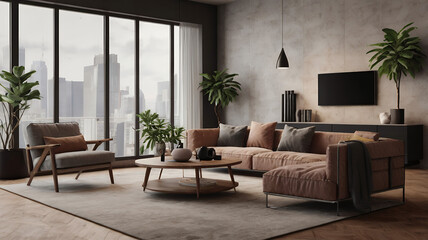 Loft style in tv room interior wall mockup on concrete wall,3d rendering, interior design 