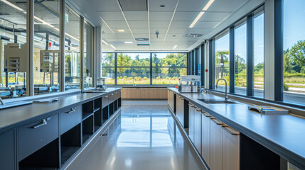 A bright, modern laboratory featuring spacious countertops, large windows, and ample natural light.