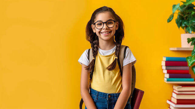 Young student with backpack and books ready for school transition 