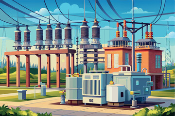 electrical substation. High-voltage insulators, transformers and power lines are visible. the theme of electricity distribution and energy infrastructure. a sense of order and stability,
