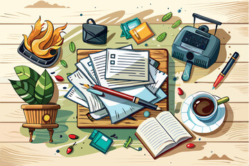 A desk with an open book with blank pages, a cup of coffee, scattered sheets of paper. topics related to writing, literature, and the learning environment