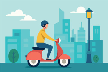 a courier riding a red scooter. In the background you can see a cityscape with various buildings. the theme is urban transportation, eco-friendly travel or life in the city.