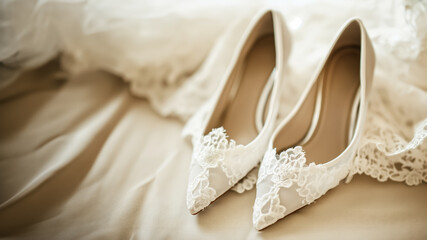 Brides shoes adorned with delicate lace symbolizing grace and elegance 