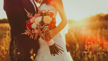 Bride holding bouquet, happy groom at sunset symbolic of enduring romance 