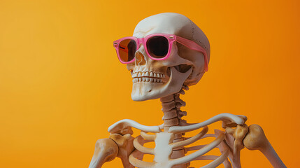 Skeleton wearing pink sunglasses set against an orange background. Great for Halloween, humor, and quirky themes. Generated AI