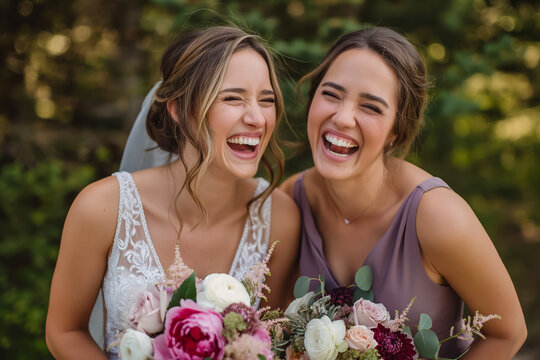 A bride and bridesmaid laughing together representing friendship and shared joy 