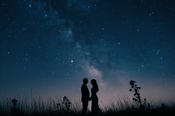 Bride and groom capturing romantic moment under starry sky showcasing timeless love 