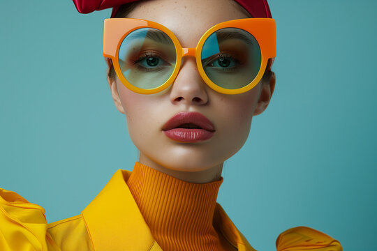 Portrait of a fashion model wearing colorful oversized glasses and vibrant clothing. Perfect for fashion, beauty, and editorial themes. Generated AI