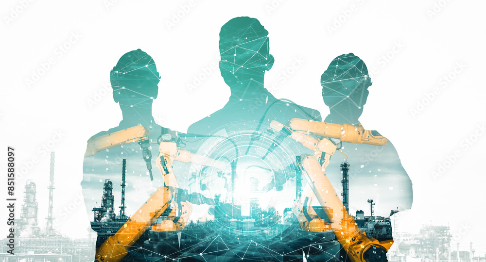Poster mlp mechanized industry robot arm and factory worker double exposure. concept of robotics technology