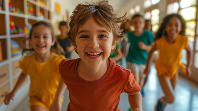 Group of happy children running towards the camera in a bright classroom. Great for education, childhood, and activity themes. Generated AI