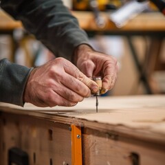 Close-up of a craftsman's hands meticulously working on a woodworking project in a workshop, showcasing the precision and detail of craftsmanship.