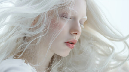 Close-up portrait of a young woman with white hair in an ethereal, soft light. Suitable for beauty and fashion editorials. Generated AI