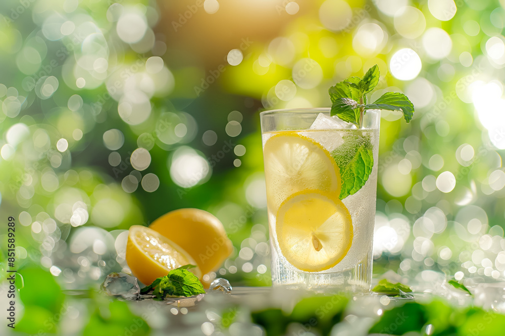 Poster refreshing lemonade with a slice of lemon and sprig of mint