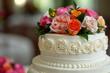 Fototapeta premium Elegant wedding cake adorned with fresh flowers representing celebration and sweetness 