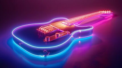 Neon guitar on the background of a brick wall. Retro signboard.