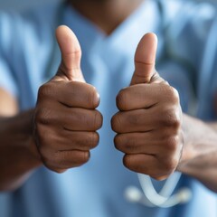 Close-up of a medical professional with a stethoscope giving two thumbs-up, symbolizing approval, success, or positivity in the healthcare field.