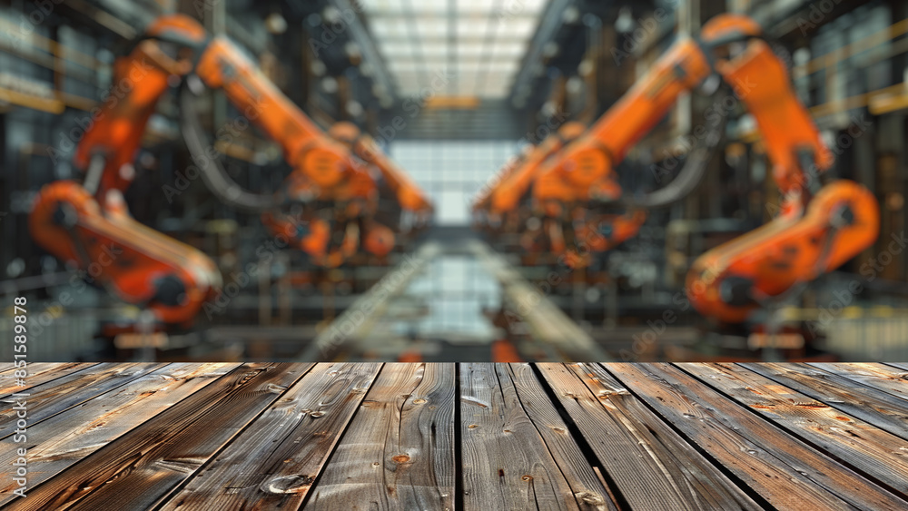 Poster empty wood table top with blur background of factory with robotic arms. the table giving copy space 