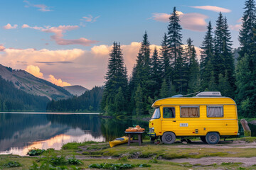 Yellow Camper by Mountain Lake at Sunset